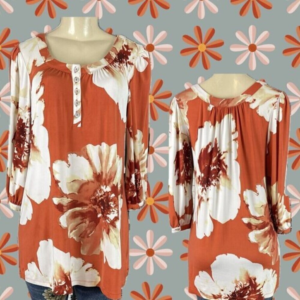 Susan Graver S Rust Floral Round Button Accent Neckline 3/4 Sleeve Blouse